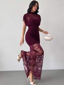 Firerie Women's Lace Patchwork Pleated Elegant Lace Sexy Waist-Cinched Party Dinner Club Night Dress Burgundy Summer - Burgundy - View 5