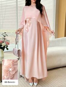 Light Pink Chiffon Maxi Dress With 3D Flowers And Scarf For Spring/Summer - Pink - View 6