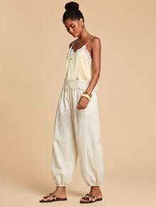 Travachic Women's Casual Solid Color Loose Elastic Waist Long Pants - Apricot - View 4