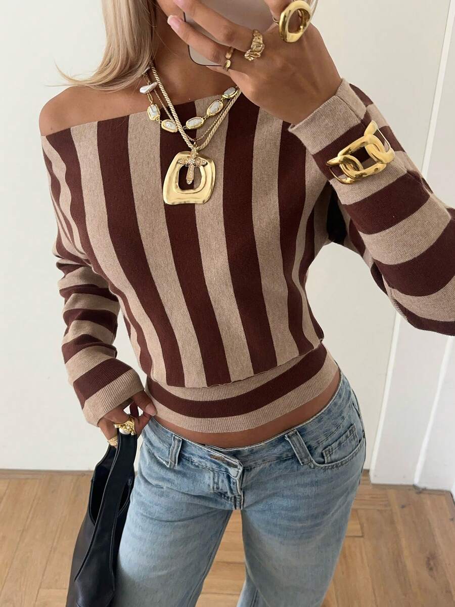SHEIN EZwear 女款棕色條紋拼接休閒 2000年代風格 百搭日常約會早午餐外出針織上衣 度假秋季