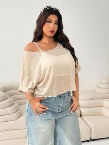 SHEIN EZwear 大尺碼女款素色露肩休閒百搭日常出遊T恤 - 杏色 - 查看 2