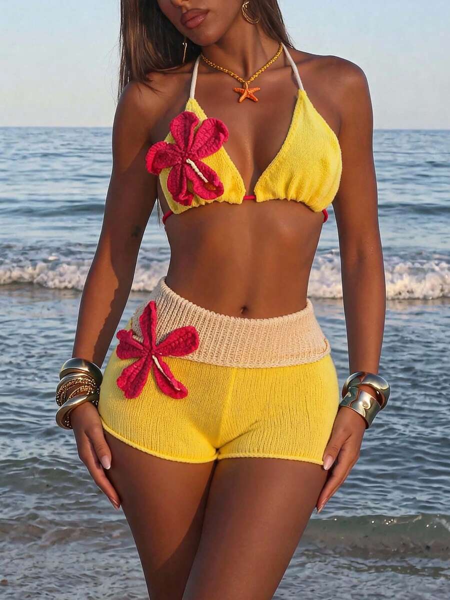 Ure Wave 女款黃色夏季性感休閒Y2K度假海灘度假派對波西米亞西式音樂節手工鉤編3D花朵三角胸罩上衣與迷你短褲針織套裝，女款節慶穿搭，女款度假穿搭，外出穿搭