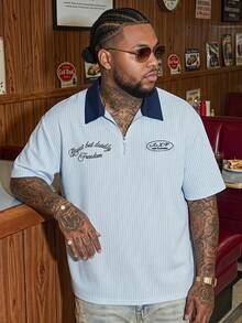 AXEPEAK Men's Plus Size Letter Stripe Short Sleeve Casual Polo Shirt - Baby Blue - View 1