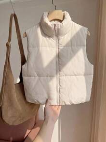 Comfortcana Plus Size Casual Stand Collar Black Padded Vest In Fall/Winter - Apricot - View 9