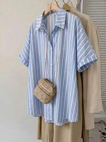 SHEIN CURVE+ Plus Size Women's Loose Casual White Short Sleeve Shirt, Holiday & Summerbeach Outfits For Woman/Beach Dress/Beach Vacation Outfits/Beach Essentials / Graduation/Tea Party Dresssummer/Country/Beach Vacation Outfits/Beach Outfits/Beach Wear - Blue and White - View 5