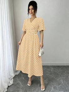 SHEIN LUNE 女款圓點圖案重疊V領荷葉邊短袖優雅洋裝 - 黃色 - 查看 8