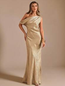 SHEIN BAE Autumn Solid Gold Textured Asymmetrical Shoulder Elegant Mermaid Maxi Dress,Women's Dining Evening Gown For Party,Cocktail&Formal Occasions - Gold - View 4