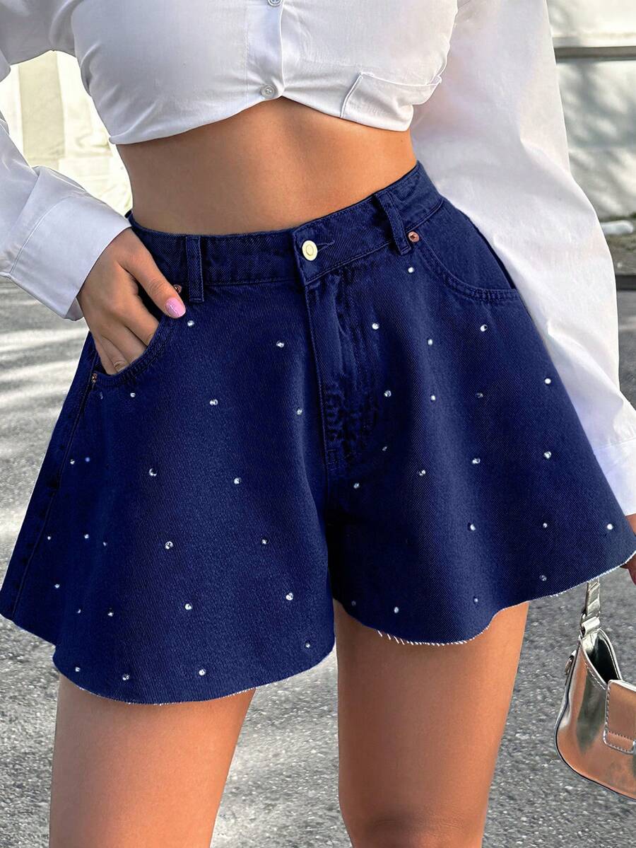 EURMUSE 100Cotton MID WAIST DIAMOND DETAILED SHORT Work Navy Blue Summer Streetwear - Dark Wash - View 1