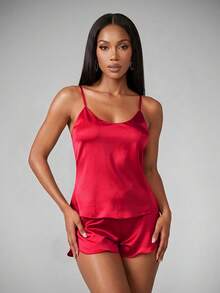 SHEIN Satin Cami Top With Shorts PJ Set / Pajama Set - Red - View 6
