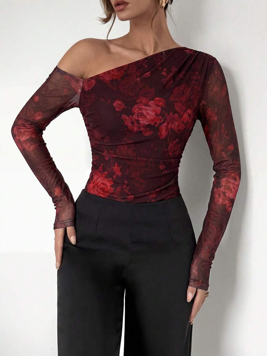 SHEIN 女士时尚豹纹网眼透视肩长袖紧身衣 - 紅色 - 查看 1