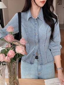 DAZY Light Wash Blue Collared Pocket Loose Long Sleeve Denim Shirt Spring Summer Autumn - Blue - View 2