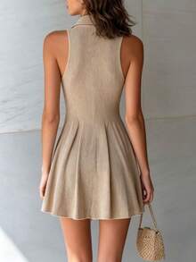 SHEIN Women's Fashion Solid Color Lapel Sleeveless Knit Dress - Apricot - View 2