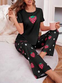 SHEIN Casual Underwear&Sleepwear 女款草莓印花圓領短袖上衣與長褲睡衣套裝 - 彩色 - 查看 6