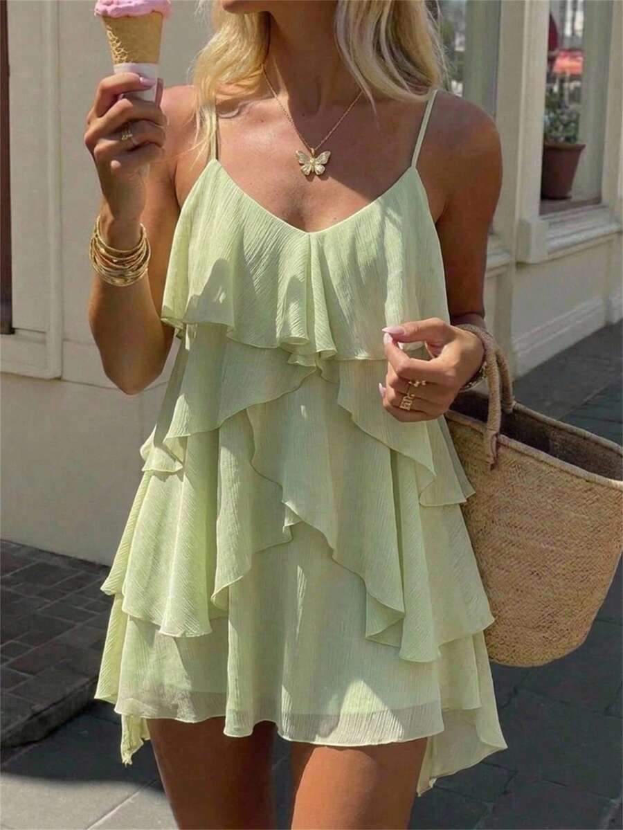 Aloruh Elegantes mehrlagiges Rüschen-Chiffon-Mini-Kleid mit Raffung für Damen, für Strandurlaub, Dates und Partys