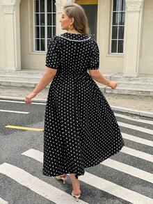 Easura Plus Size Women's Summer Elegant Casual Design Black And White Lace Patchwork Lapel Short Sleeve Bow Tie Waist Cinched Long Dress Tea Party Evening - Black - View 3
