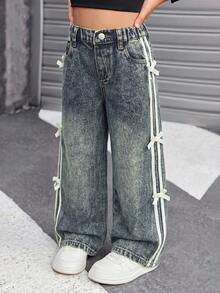 Young Girl Y2k Fashion Side Strap Bow Vintage Washed Dark Blue Denim Loose Baggy Jeans, Fall/Winter, For Back-To-School - Dark Wash - View 5