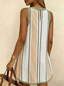 Vaclyn Women's Vacation Palm Tree Striped Round Neck Sleeveless Mini Dress - Multicolor - View 3