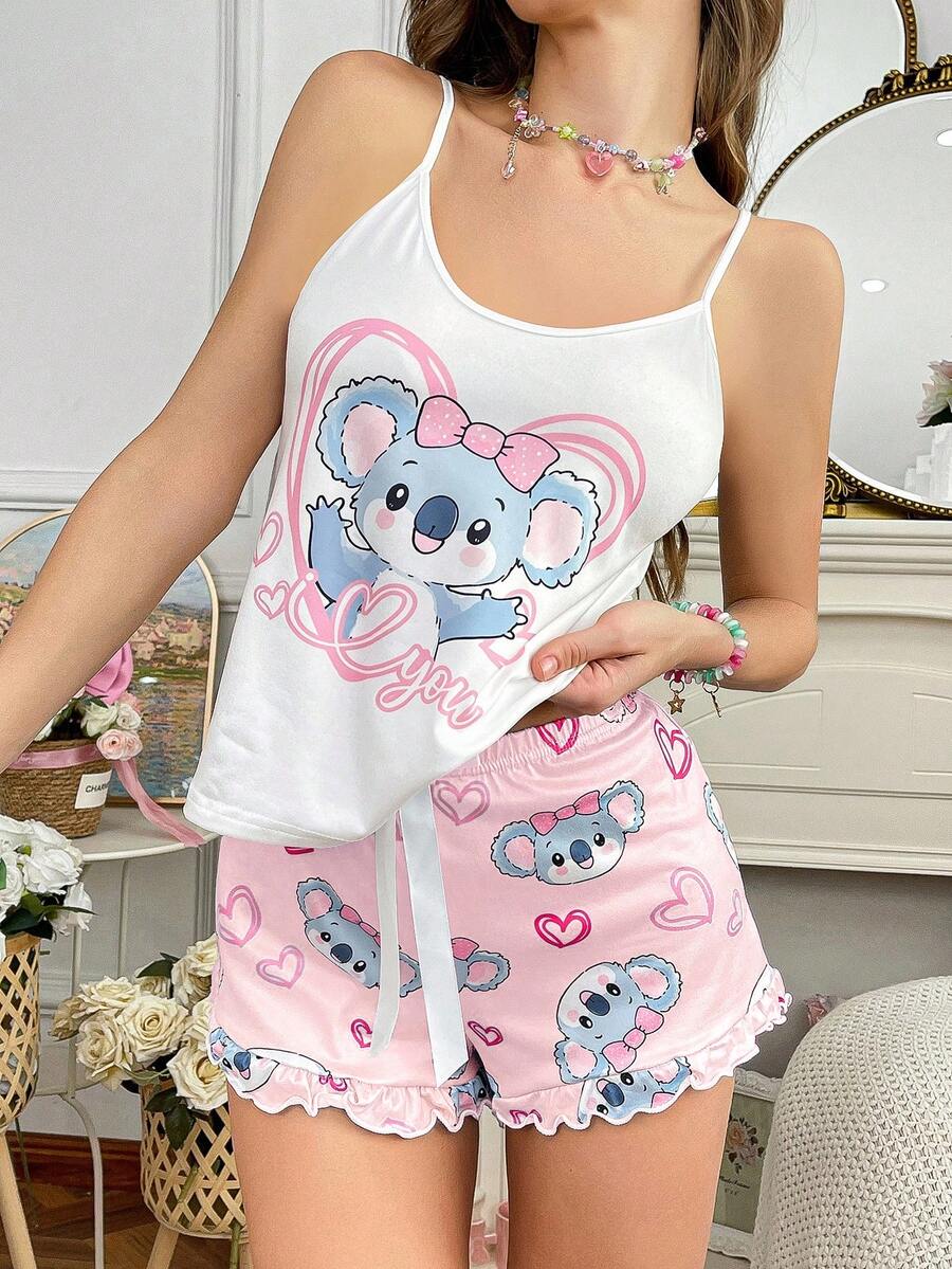 Softscene Women's 2 Pieces Cartoon Cute Heart Koala INS Pajama Set - Multicolor - View 1