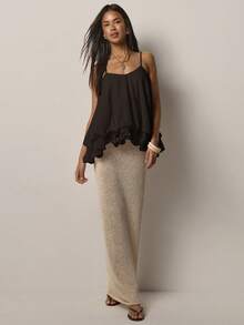 COSMINA Elegantes lässiges Damen-Camisole-Top mit Rüschensaum in Unifarbe, BOHO-Urlaubs-Y2K-romantisches Ausgeh-Camisole-Top - Braun - Übersicht 4