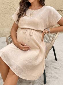 SHEIN Boat Neck Solid Color Waist Bowknot Decor Maternity Dress - Apricot - View 7