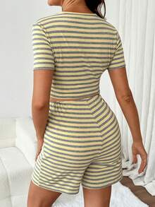 SHEIN Maternity Striped Colorblock Round Neck Short Sleeve Top And Adjustable Waist Shorts 2 Pieces Set - Yellow - View 2