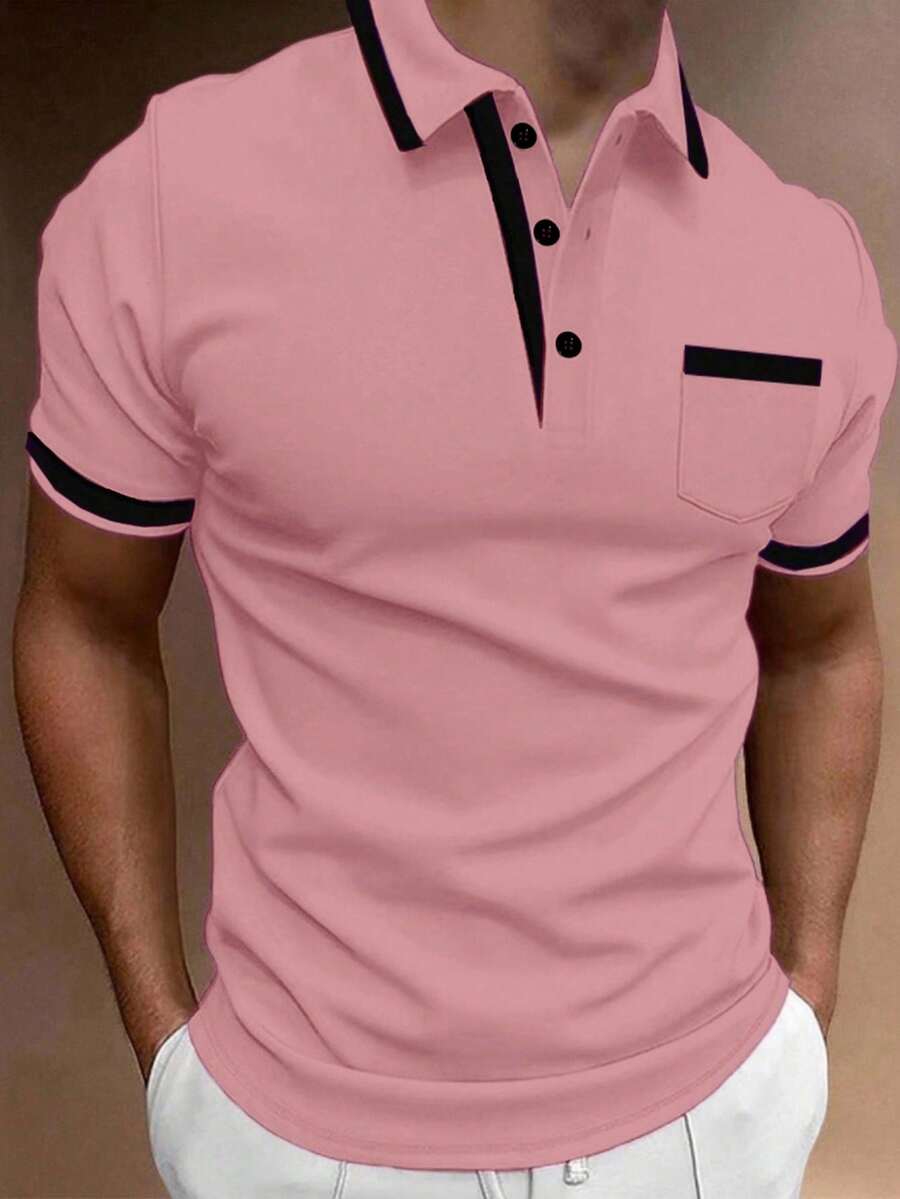 Calvornis Kemeja Polo Pria Lengan Pendek Warna Kontras Kasual untuk Perjalanan Sehari-hari, Acara Formal - Dusty Pink - View 1