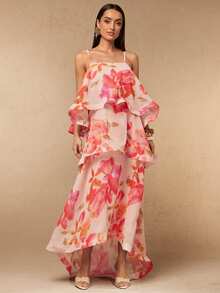 Silquee Pink Floral Maxi Dress Layered Design With Exaggerated Ruffles Elegant European Jamican Sexy Tropical Wedding Summer Mother Of The Bride - Light Yellow - View 4