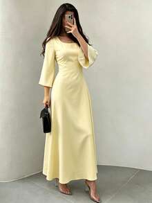 Yasmyna Round Neck Back Hollow Pearl Embellished Waist-Cinched Yellow Arabian Dress - Yellow - View 8