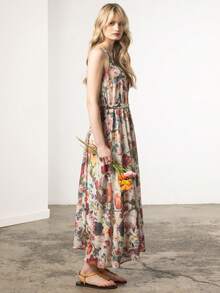 KÆRIA Hus Rove Maxi Dress - Georgette, Floaty, Sleeveless, Deep V-Neck, Half Sleeve, Belted, Long, Multi-Color Floral, Tiered - Floral - Boho, Wedding - Multicolor - View 4