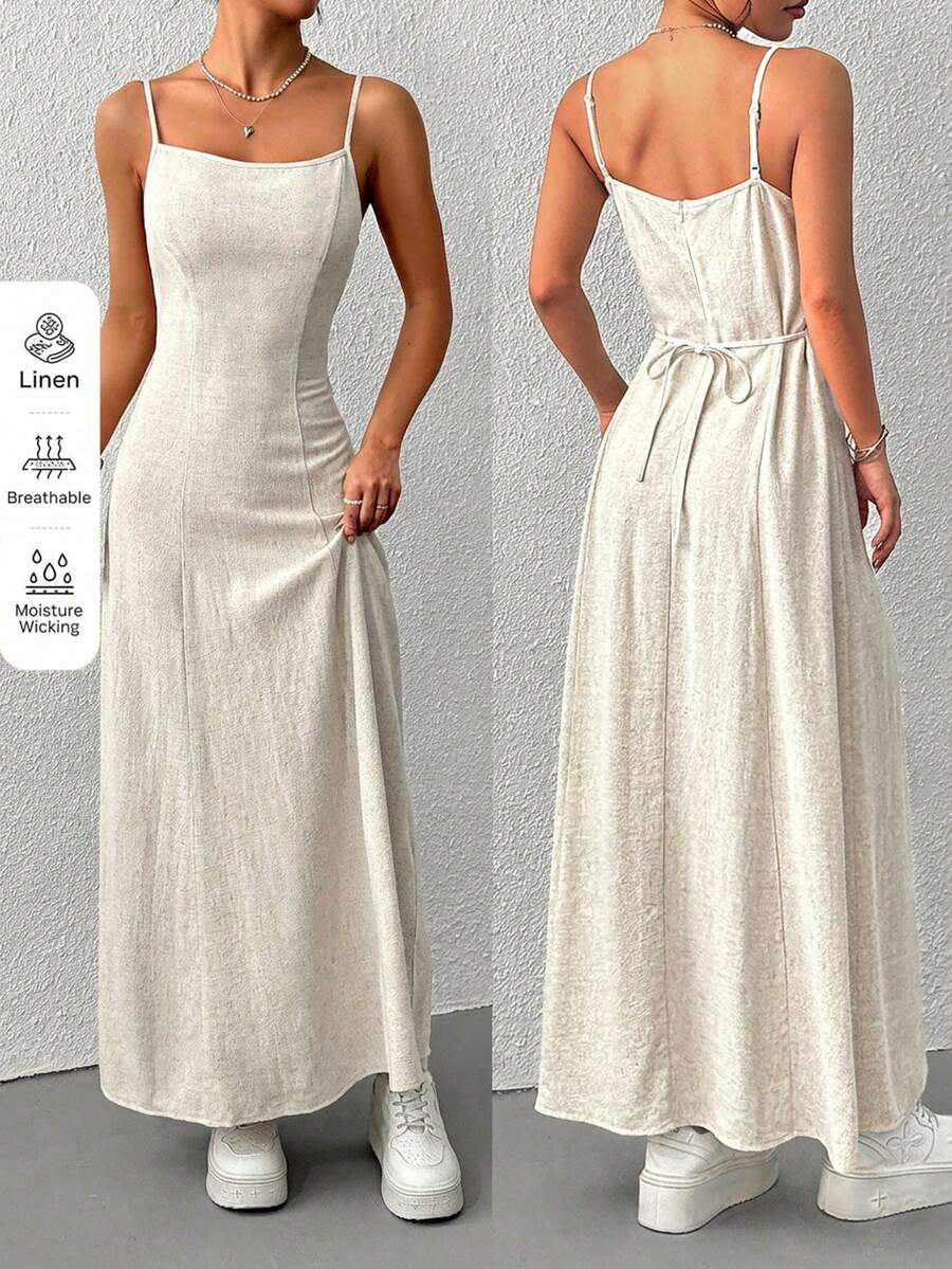 SHEIN EZwear Linen Apricot Woven Spaghetti Strap Backless Beach Resort Dress For Women - Apricot - View 1