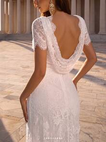 Glamrae Elegant Minimalist Lace Deep V-Neck Eyelash Trim Embroidered Sheer Short Sleeve Mermaid Floor-Length Bridal Gown For Wedding Party Formal White Spring - White - View 4