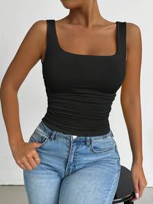 Allurite Solid Color Minimalist Wide Strap Casual Tank Top - Multicolor - View 4