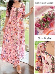 Al Najma Spring/Summer French Lace Square Neck Printed Gentle Short Sleeve Elegant Dress - Multicolor - View 5