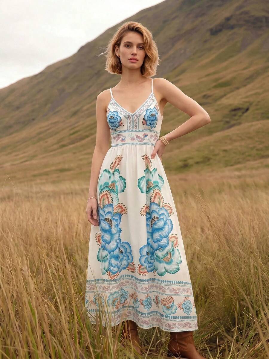CAJUNI Women's Elegant Tropical Boho Floral Print Strap Dress For Vacation Picnic White And Blue Floral Summer - Multicolor - View 1