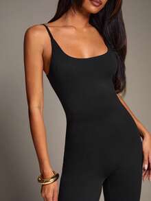 SHEIN BAE Women's Sexy Basic Tight Elegant Minimalist Spaghetti Strap Jumpsuit, Capri Pants, Leggings, Black, Night Out Going Out Summer - Black - View 6