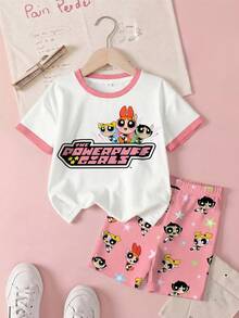 THE POWERPUFF GIRLS X SHEIN 2件套 女童花朵、泡泡、毛茛图案撞色短袖T恤和短裤套装 - 白色 - 查看 1