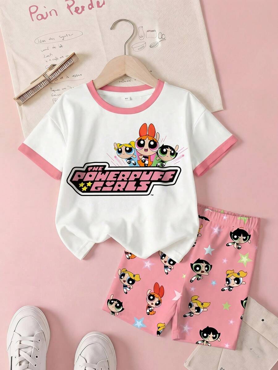 THE POWERPUFF GIRLS X SHEIN 2件套 女童花朵、泡泡、毛茛图案撞色短袖T恤和短裤套装 - 白色 - 查看 1