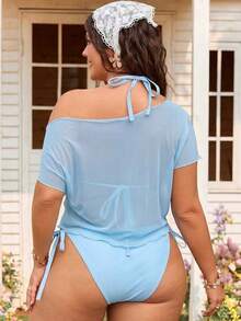 Swim Mod Damen Große Größen Mode Sexy 3-teiliges Bikini-Strand-Set aus Einzelteilen - Blau - Übersicht 2