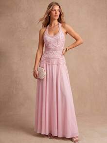 Enchnt Premium Fall Romantic Women's Elegant Pink Bead Embroidery Long Dress,Prom Dress,Luxury Evening Wedding Dress,Vacation Outfits,Homecoming Dress - Pink - View 2