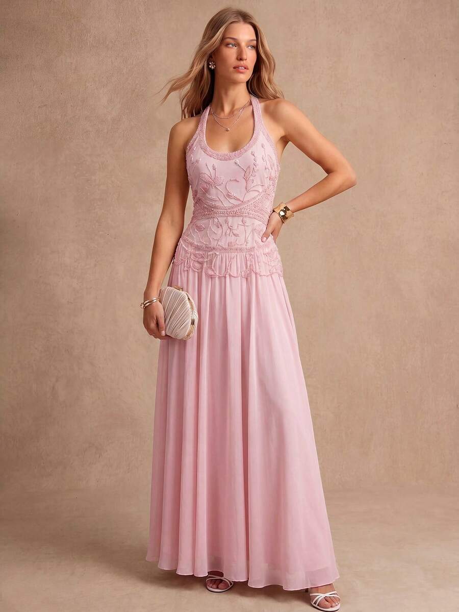 Enchnt Premium Fall Romantic Women's Elegant Pink Bead Embroidery Long Dress,Prom Dress,Luxury Evening Wedding Dress,Vacation Outfits,Homecoming Dress