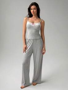 DAZY Women's Lace Patchwork Bow Decor Cami Top And Long Pants Casual Daily Homewear Set Summer - Grey - View 6