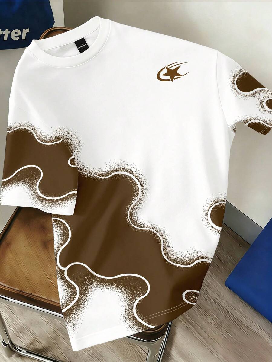 Manfinity Joysei Men's Contrast Color Geometric Print Crew Neck Casual Loose Versatile Short Sleeve T-Shirt - Coffee Brown - View 1