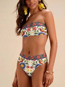 Travachic Women's Vintage Floral & Bird Print Bohemian Swimsuit Set, Suitable For Outings, Beach Vacation, Chic, Cruise Party Bathing Suit For Women - Multicolor - View 4