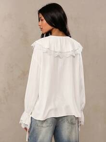 SHEIN BAE Women's Solid Color Ruffle Front Tie Contrast Lace Fashion Shirt - White - View 2