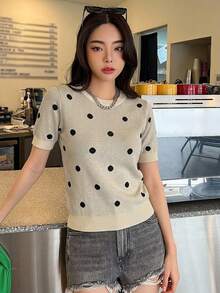 DAZY 女款圓領波點圖案時尚百搭夏季T恤 - 白色 - 查看 6
