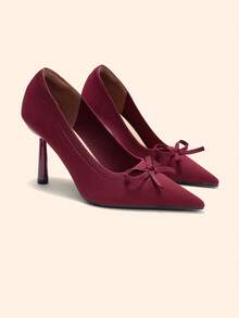 CUCCOO BASICS Elegant Red Knit Slip On Pumps For Ladies Chic Bow Design Pointed Toe Heels - Burgundy - View 2