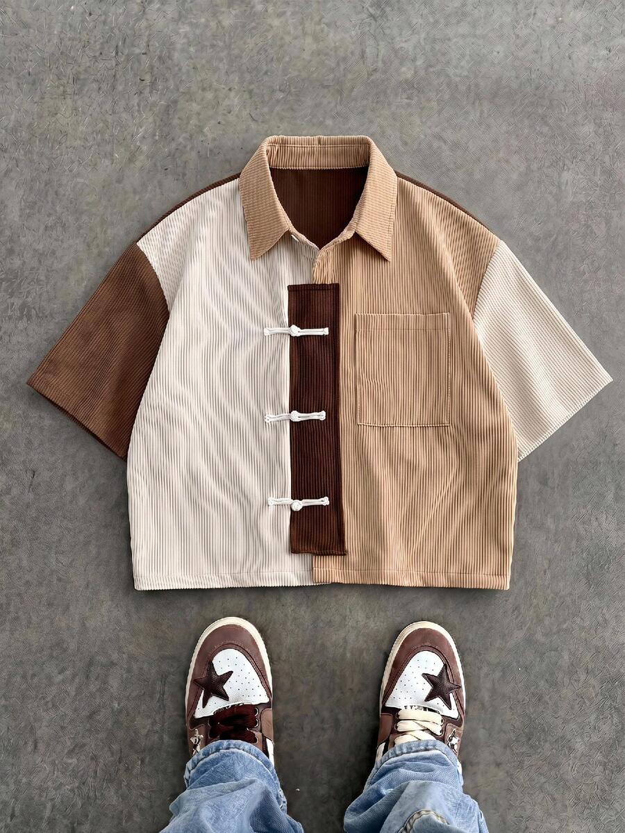 SWAVVY Men's Colorblock Short Sleeve Frog Button Casual Pocket Shirt - Brown - View 1