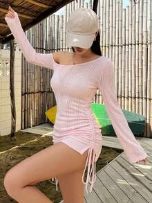 DAZY 女款夏季不對稱領抽繩抓皺沙灘罩衫 性感極簡半透長袖泳裝上衣 - 藕粉色 - 查看 4