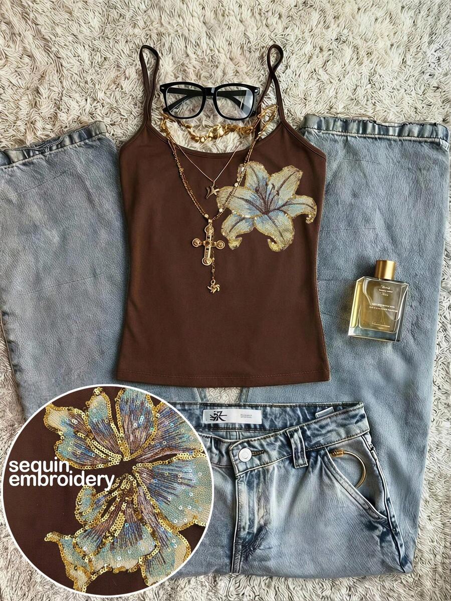 SHEIN EZwear 花卉串珠刺绣亮片休闲简约波西米亚风优雅浪漫复古棕蓝色花卉图案吊带背心,适合音乐节、海滩、度假、夏季外出穿着。 - 棕色 - 查看 1