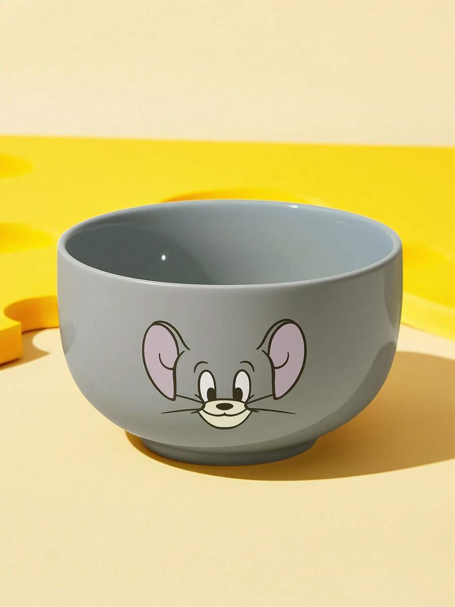 TOM & JERRY X SHEIN 經典貓鼠主題陶瓷碗，可愛角色印花穀物碗，沙拉/湯碗，適用於早餐與日常使用 - 淺灰色 - 查看 1
